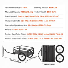 Bike Cargo Trailer, 72.5 kg Load, Heavy-Duty Bicycle Wagon Cart, Foldable Compact Storage & Quick Release with Universal Hitch, 406.4 mm Wheels, Safe Reflectors, Fits 558.8-711.2 mm Bike Wheels