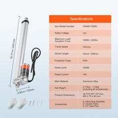 Linear Actuator 12V, 12 Inch High Speed 0.55"/s Linear Actuator, 220lbs/1000N Linear Motion Actuator with Mounting Bracket and IP54 Protection