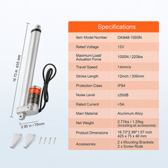 Linear Actuator 12V, 12 Inch High Speed 0.55"/s Linear Actuator, 220lbs/1000N Linear Motion Actuator with Mounting Bracket and IP54 Protection