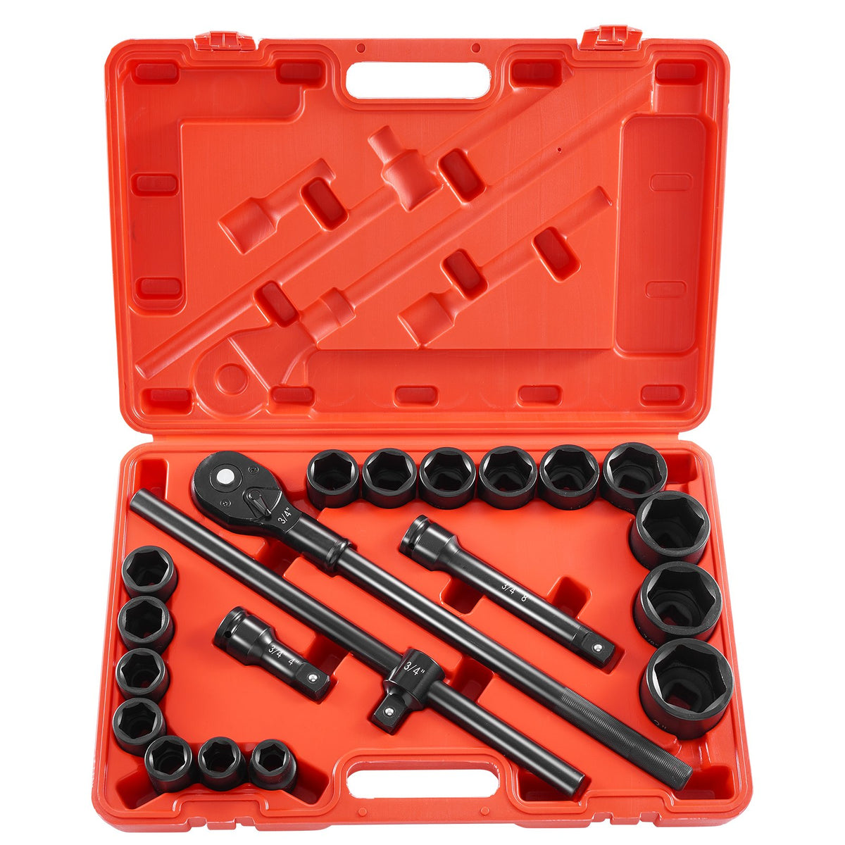 3/4 in Drive Impact Socket Set, 21 Pieces SAE 3/4 in to 2 in, 6 Point Cr-V Alloy Steel for Auto Repair, Easy-to-Read Size Markings, Includes Extension Bars, Ratchet Handle and Storage Case