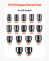 3/4 in Drive Impact Socket Set, 21 Pieces SAE 3/4 in to 2 in, 6 Point Cr-V Alloy Steel for Auto Repair, Easy-to-Read Size Markings, Includes Extension Bars, Ratchet Handle and Storage Case