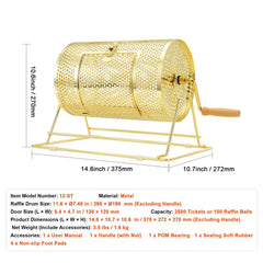 Raffle Drum, 11.6 x Ø7.48 inch Brass Plated Raffle Ticket Spinning Cage, Holds 2500 Tickets or 100 Ping Pong Balls, Metal Lottery Spinning Drawing with Wooden Turning Handle, for Bingo Ballot Pa
