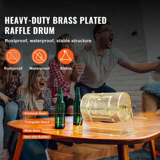 Raffle Drum, 11.6 x Ø7.48 inch Brass Plated Raffle Ticket Spinning Cage, Holds 2500 Tickets or 100 Ping Pong Balls, Metal Lottery Spinning Drawing with Wooden Turning Handle, for Bingo Ballot Pa
