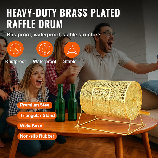 Raffle Drum, 16.1 x Ø12 inch Brass Plated Raffle Ticket Spinning Cage, Holds 5000 Tickets or 200 Ping Pong Balls, Metal Lottery Spinning Drawing with Wooden Turning Handle, for Bingo Ballot Part