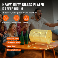 Raffle Drum, 16.1 x Ø12 inch Brass Plated Raffle Ticket Spinning Cage, Holds 5000 Tickets or 200 Ping Pong Balls, Metal Lottery Spinning Drawing with Wooden Turning Handle, for Bingo Ballot Part
