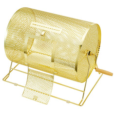 Raffle Drum, 16.1 x Ø12 inch Brass Plated Raffle Ticket Spinning Cage, Holds 5000 Tickets or 200 Ping Pong Balls, Metal Lottery Spinning Drawing with Wooden Turning Handle, for Bingo Ballot Part