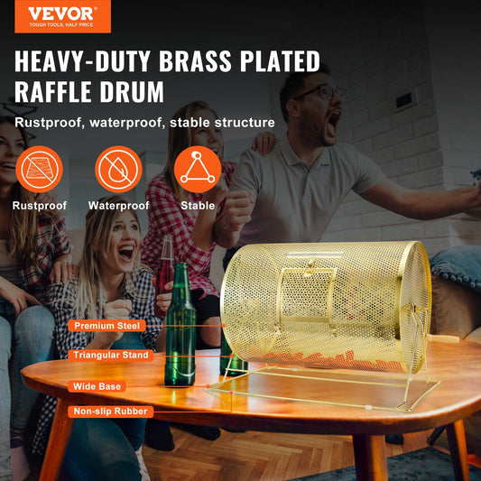 Raffle Drum, 14.8 x Ø21.26 inch Brass Plated Raffle Ticket Spinning Cage, Holds 10000 Tickets or 300 Ping Pong Balls, Metal Lottery Spinning Drawing with Wooden Turning Handle, for Bingo Ballot