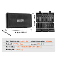 1/2" Drive Impact Socket Set, 11 Piece Deep Socket Set SAE 3/8"-1", 6 Point CR-V Alloy Steel for Auto Repair, Easy-to-Read Size Markings, Rugged Construction, Includes Storage Case