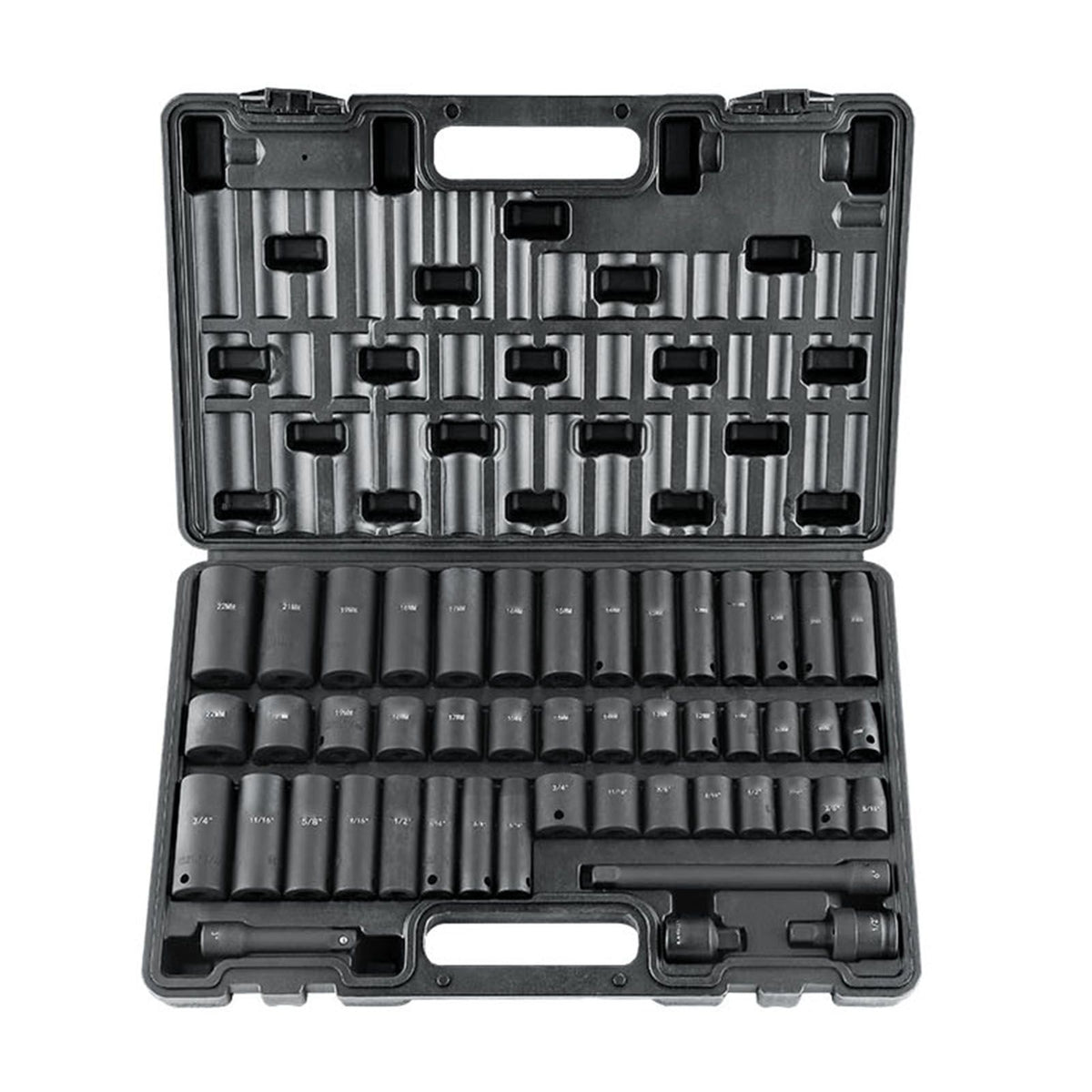 3/8" Drive Impact Socket Set, 48 Piece Socket Set SAE （5/16" -3/4"） & Metric （8-22mm）6 Point Cr-V Drive Extension Bar Universal Joint & Power Drill Adapter Includes Storage Case