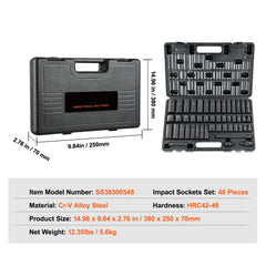 3/8" Drive Impact Socket Set, 48 Piece Socket Set SAE （5/16" -3/4"） & Metric （8-22mm）6 Point Cr-V Drive Extension Bar Universal Joint & Power Drill Adapter Includes Storage Case
