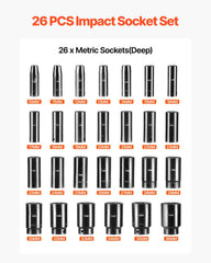 Impact Sockets Set 1/2 Inch Drive 26 PCS Metric 10mm - 36mm Deep 6-Point Set