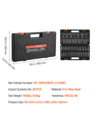Impact Sockets Set 1/2 Inch Drive 26 PCS Metric 10mm - 36mm Deep 6-Point Set