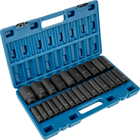 Impact Sockets Set 1/2 Inch Drive 26 PCS Metric 10mm - 36mm Deep 6-Point Set