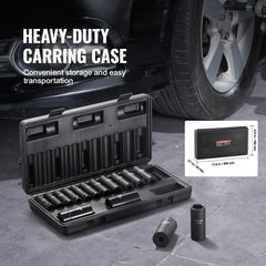 3/8" Drive Impact Socket Set, 15 Piece Deep Socket Set Metric 8-22mm, 6 Point Cr-Mo Alloy Steel for Auto Repair, Easy-to-Read Size Markings, Rugged Construction, Includes Storage Case