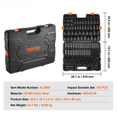 Impact Sockets Set 130PCS 6-Point 3/8" & 1/2" Drive Bit Ratchet Tool Kit