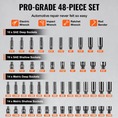 Impact Sockets Set 48pcs 6-Point 1/4" Drive Bit Ratchet Tool Kit Case