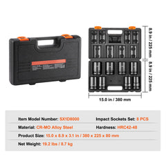 Impact Sockets Set 8pcs 6-Point 1" Drive Bit Ratchet Tool Kit Case
