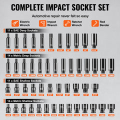 1/4" Drive Impact Socket Set, 55 Piece Deep & Shallow Socket Set SAE 5/32"-9/16" and Metric 4-15mm, 6 Point CR-V Alloy Steel for Auto Repair, Easy-to-Read Size Markings, Storage Case