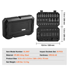 1/4" Drive Impact Socket Set, 55 Piece Deep & Shallow Socket Set SAE 5/32"-9/16" and Metric 4-15mm, 6 Point CR-V Alloy Steel for Auto Repair, Easy-to-Read Size Markings, Storage Case