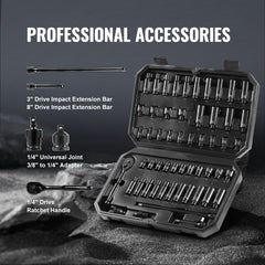 1/4" Drive Impact Socket Set, 55 Piece Deep & Shallow Socket Set SAE 5/32"-9/16" and Metric 4-15mm, 6 Point CR-V Alloy Steel for Auto Repair, Easy-to-Read Size Markings, Storage Case