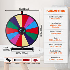 24 inch Spinning Prize Wheel, 14 Slots Tabletop Spinner, Heavy Duty Roulette Wheel with a Dry Erase and 2 Markers, Win Fortune Spin Games in Party Pub Trade Show Carnival