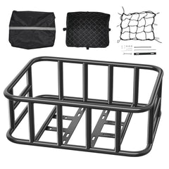 Rear Bike Basket, Medium Bicycle Basket with Cargo Net, Liner & Waterproof Cover, Heavy Duty Bike Back Basket for Adult Women/Men Carrying Dogs, Pets, Fruit & Grocery, Mounting Tools Included