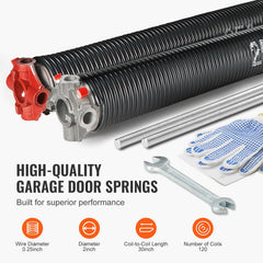 Garage Door Torsion Springs, 16000 Cycles, Pair of 0.25 x 2 x 30inch, Garage Door Springs with Non-Slip Winding Bars, Mounting Tool and Gloves, Electrophoresis Coated, for Replacement
