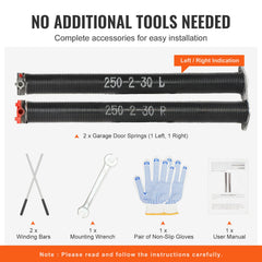 Garage Door Torsion Springs, 16000 Cycles, Pair of 0.25 x 2 x 30inch, Garage Door Springs with Non-Slip Winding Bars, Mounting Tool and Gloves, Electrophoresis Coated, for Replacement