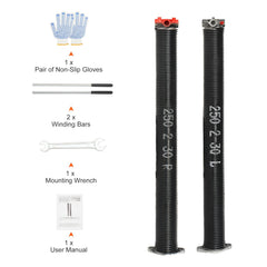 Garage Door Torsion Springs, 16000 Cycles, Pair of 0.25 x 2 x 30inch, Garage Door Springs with Non-Slip Winding Bars, Mounting Tool and Gloves, Electrophoresis Coated, for Replacement