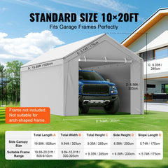 Carport Replacement Canopy Cover Top + Side Wall 10 x 20 ft, Garage Tent Shelter Tarp Heavy-Duty Waterproof & UV Protected, Easy Installation with Ball Bungees,White (Frame Not Included)