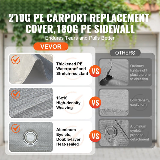 Carport Replacement Canopy Cover Top + Side Wall 10 x 20 ft, Garage Tent Shelter Tarp Heavy-Duty Waterproof & UV Protected, Easy Installation with Ball Bungees,White (Frame Not Included)