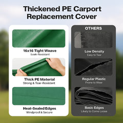 Carport Replacement Canopy, 6 x 3 m Potable Garage Tent Top Tarp, UV-Resistant & Waterproof Car Shelter Tarp, Heavy Duty Car Port Cover with Ball Buggees, Dark Green, Frame Not Included