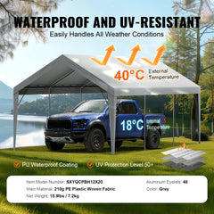 Carport Replacement Canopy Cover 12 x 20 ft, Garage Top Tent Shelter Tarp Heavy-Duty Waterproof & UV Protected, Easy Installation with Ball Bungees,Grey (Only Top Cover, Frame Not Include)