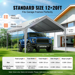 Carport Replacement Canopy Cover 12 x 20 ft, Garage Top Tent Shelter Tarp Heavy-Duty Waterproof & UV Protected, Easy Installation with Ball Bungees,Grey (Only Top Cover, Frame Not Include)