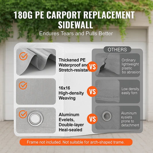 Carport Replacement Canopy Cover Side Wall 6 x 3.6 m, Garage Tent Shelter Tarp Heavy-Duty Waterproof & UV Protected, Easy Installation with Ball Bungees,Grey (Top and Frame Not Included)