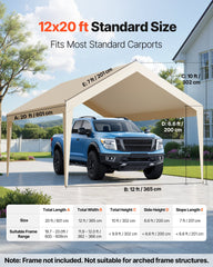 Carport Replacement Canopy, 6 x 3.6 m Potable Garage Tent Top Tarp, UV-Resistant & Waterproof Car Shelter Tarp, Heavy Duty Car Port Cover with Ball Buggees, Beige, Frame Not Included