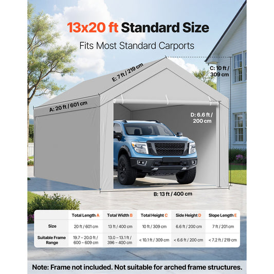 Carport Replacement Canopy, 6 x 4 m Potable Garage Tent Top Tarp with Sidewalls, UV-Resistant & Waterproof, Heavy Duty Car Shelter Tarp with Ball Buggees, Grey, Frame Not Included