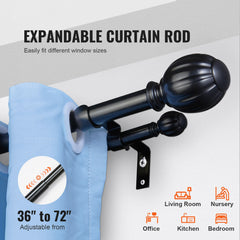 Double Rod Curtain Rods, 36-72 inches(3-6ft) Adjustable Length, Black Double Curtain Rods with Round Finials, 1" and 3/4" Diameter, Double Window Drapery Rod for Sheer and Blackout Curtains