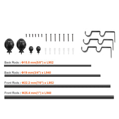Double Rod Curtain Rods, 36-72 inches(3-6ft) Adjustable Length, Black Double Curtain Rods with Round Finials, 1" and 3/4" Diameter, Double Window Drapery Rod for Sheer and Blackout Curtains
