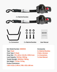 Wheel Chock Tie-Down Kit, Fixed Trailer Tie Down Strap, Car Tie Down Kit with S-Hook, Break Strength 748 kg & Working Load 250 kg Motorcycle Tie-Down System for Trailers, Boats, Snowmobiles