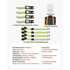 Wheel Chock Tie-Down Kit, Deck-Style Trailer Tie Down Strap, Car Tie Down Kit with J-Hook, Break Strength 4540 kg & Working Load 1512 kg Motorcycle Tie-Down System for SUVs, Trailers, Trucks