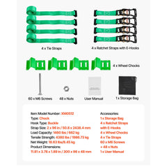 Wheel Chock Tie-Down Kit, Chock-Style Trailer Tie Down Strap, Car Tie Down Kit with Buckle, Break Strength 1986.73 kg & Working Load 662 kg Motorcycle Tie-Down System E-Hooks for ATVs, UTVs