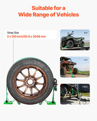 Wheel Chock Tie-Down Kit, Chock-Style Trailer Tie Down Strap, Car Tie Down Kit with Buckle, Break Strength 1986.73 kg & Working Load 662 kg Motorcycle Tie-Down System E-Hooks for ATVs, UTVs