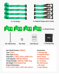 Wheel Chock Tie-Down Kit, Chock-Style Trailer Tie Down Strap, Car Tie Down Kit with Buckle, Break Strength 1986.73 kg & Working Load 662 kg Motorcycle Tie-Down System E-Hooks for ATVs, UTVs