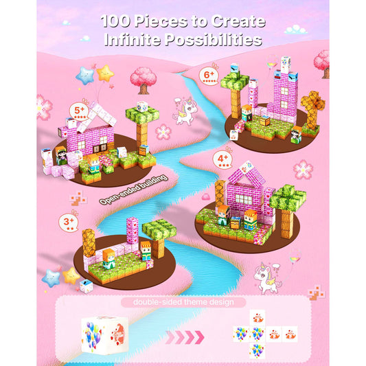 Magnetic Blocks, 100 PCS Princess Castle Set, Magnetic Building Cubes for Kids, STEM Montessori Sensory Toys for Christmas Birthday Gift, Construction Stacking Toy for 3+ Years Old Boys & Girls