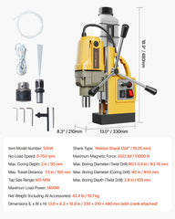 Magnetic Drill, 1400W Motor 2 in Boring Diameter, 2922 lbf Portable Electric Mag Drill Press, 0-750 RPM Variable Speed, Drilling Machine for Metal Surface, Industrial and Home Improvement