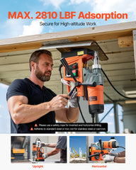 Magnetic Drill, 1450W Motor 1.6 in Boring Diameter, 2810 lbf Portable Electric Mag Drill Press, with 2 Coring Bits, Variable Speed, Drilling Machine for Metal Surface, Home Improvement Industry