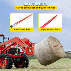 Pair Hay Spear 43" Bale Spear 3000 lbs Capacity, Bale Spike Quick Attach Square Hay Bale Spears 1 3/4", Red Coated Bale Forks, Bale Hay Spike with Hex Nut & Sleeve for Buckets Tractors Loaders