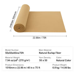 Burlap Fabric Roll, 1016 mm x 22.86 m & 50 x 50 Density Wide Natural Burlap Fabric Rolls, Jute Fabric Burlap Tree Wrap Roll, for Decor, Crafts, Wedding, Gardening, Plant & Tree Winter Covering