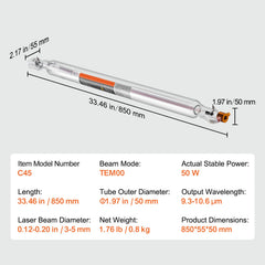 Laser Tube, 50W CO2 Laser Tube for Laser Engraver and Cutter Machine, 850 mm Length, 50 mm Diameter, Glass Laser Cutting Tube with TEM00 Beam Mode, for Wood Acrylic Fabric Leather Bamboo